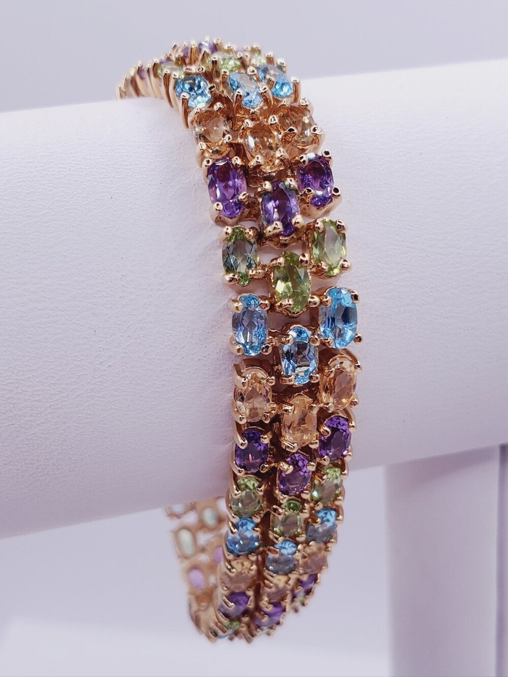 22 Carat Multicolor Oval Gemstone Tennis Bracelet in Yellow Gold Over 925